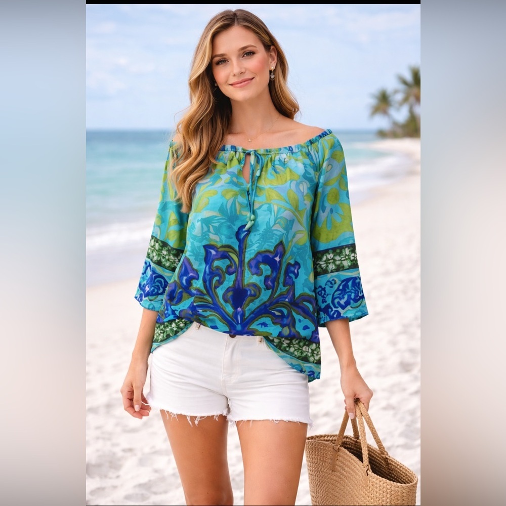 Cabana Boho Peasant Blouse Small Blue Green Tropical Print Tie Neck Top